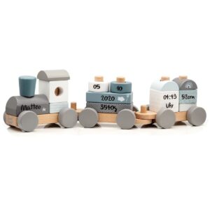 KIDSLINO Wooden Railway Blue – Personalised for Birth Boys, Handmade Wooden Toy with Plug-in Shapes, Personalised Gifts Baby, Wooden Train with Name & Date of Birth