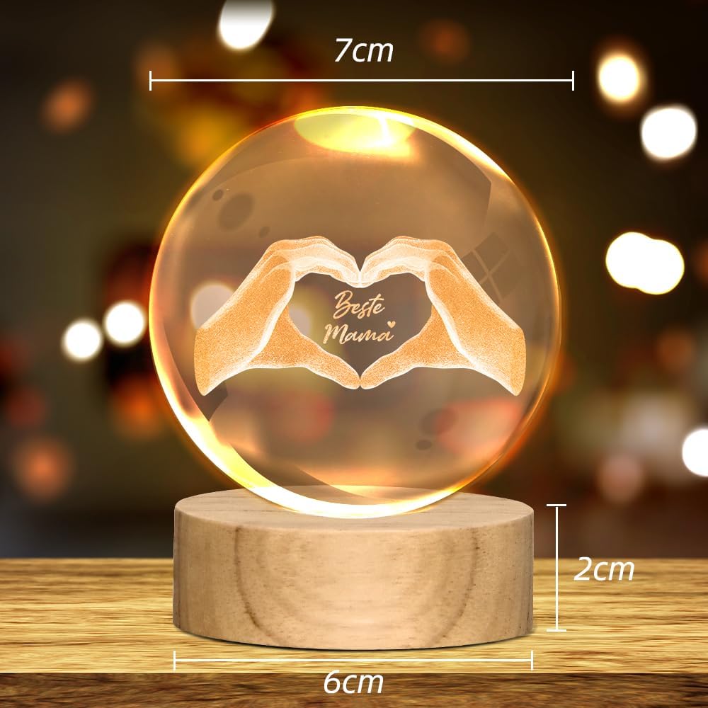 TUZELIYA Mother's Day Gift for Mum - 3D Glass Crystal with Wooden Base Engraving Heart Made of Two Hands and Text Beste Mama - Birthday Gift for Women Mother's Day Gifts – Bild 5
