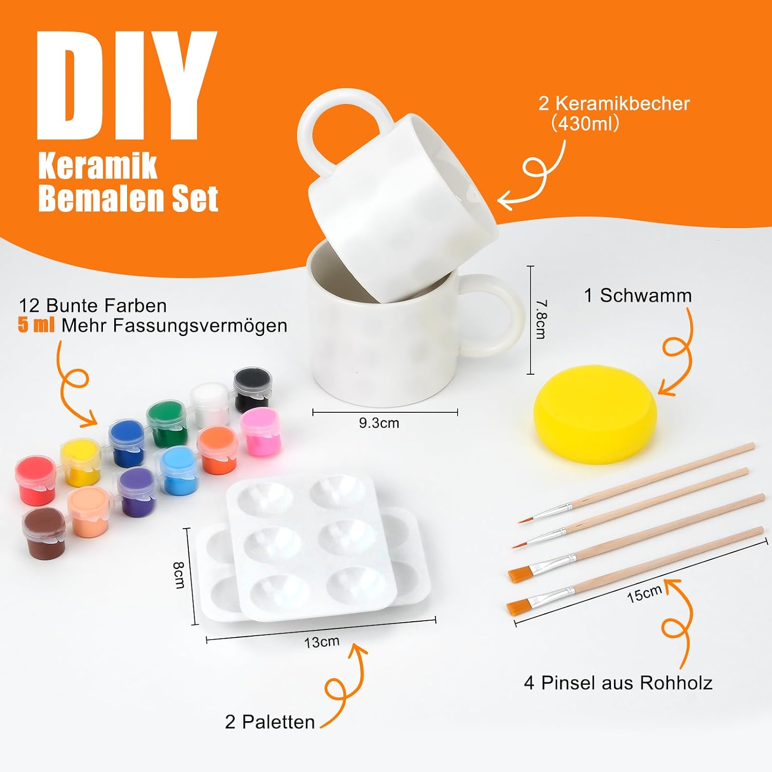 SelfTek DIY Ceramic Painting Set - Cups for Painting Creative Set for Adults with 2 Cups, 12 Colours, 4 Brushes, 2 Palettes, Painting Inspirations, Gift for Friend Family Dear – Bild 2