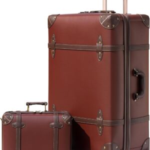 Urecity Vintage Travel Suitcase Set 2-Piece Lightweight Retro Leather Suitcase Hard Shell Trolley Hand Luggage Sets with TSA Lock and 8 Wheels (Caramel Brown, S (14 inches) + XL (28 inches))
