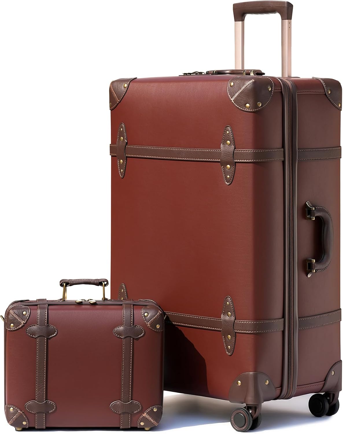 Urecity Vintage Travel Suitcase Set 2-Piece Lightweight Retro Leather Suitcase Hard Shell Trolley Hand Luggage Sets with TSA Lock and 8 Wheels (Caramel Brown, S (14 inches) + XL (28 inches))
