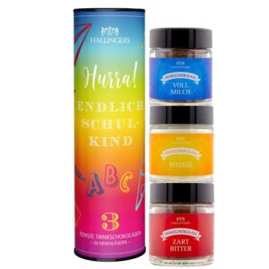 Hallingers Hurray! Endlich Schulkind – 3 Varieties Drinking Chocolate Gift Set – Full Milk, Dark and White Drinking Chocolate (Set) – Gift Ideas Christmas & Gifts Advent Calendar | Birthday