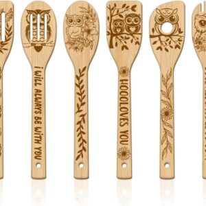 GLOBLELAND Set of 6 Owl Bamboo Cooking Utensils Bird Wood Engraving Cooking Spoon Set Engraving Carving Kitchen Bamboo Spatula Set for Kitchen Housewarming Gift Mother Girlfriend Women