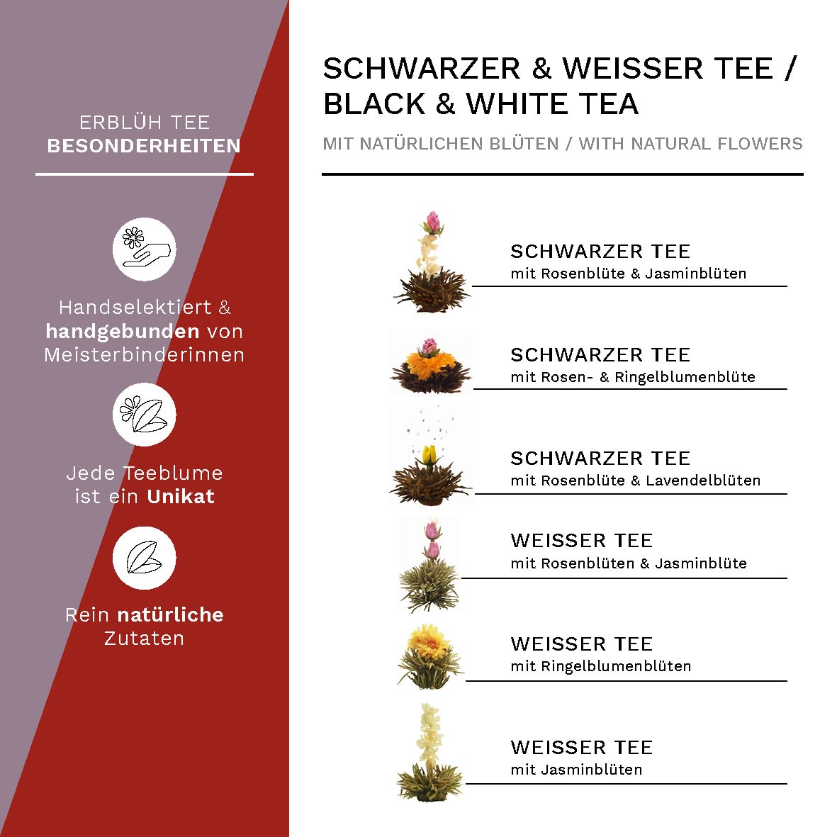 Creano Tea Flowers Gift Set - Blooming Tea with 500 ml Glass Jug & 6 x Black & White Tea + 1 x Teelini Black Tea Bonus Ball - 8 Pieces – Bild 3
