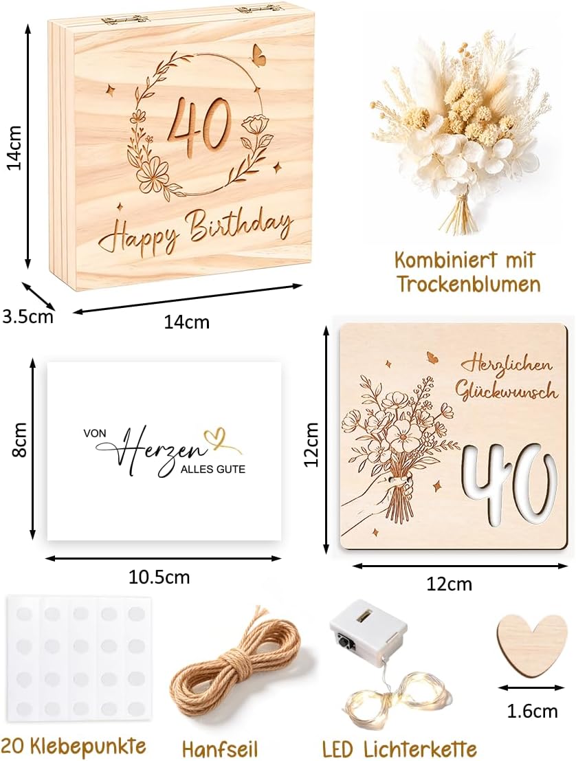 50th Birthday Wooden Money Gift with LED Fairy Lights, Gift Box for Money & Vouchers, Wooden Box with Dried Flowers and Card, 50th Birthday Gift for Women Men (50 Years) – Bild 2