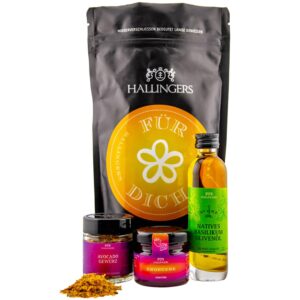 Hallingers Genuss Manufaktur Delicatessen Valentine's Day Gift Set – Value in a Wonder Bag "Für Dich" Small Love Greeting Avocado Spice, Basil Olive Oil & Strawberry Jam, Valentine's Day for Women