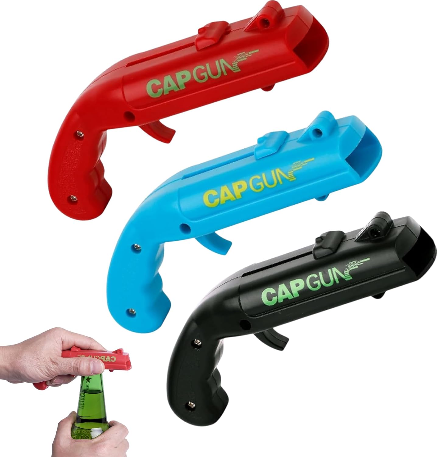 Pack of 3 Capgun Bottle Opener Pistol Beer Cap Bottle Cap Gun Funny Shot Bottle Opener, Beer Gifts for Men, Funny for Party, Bar & Home