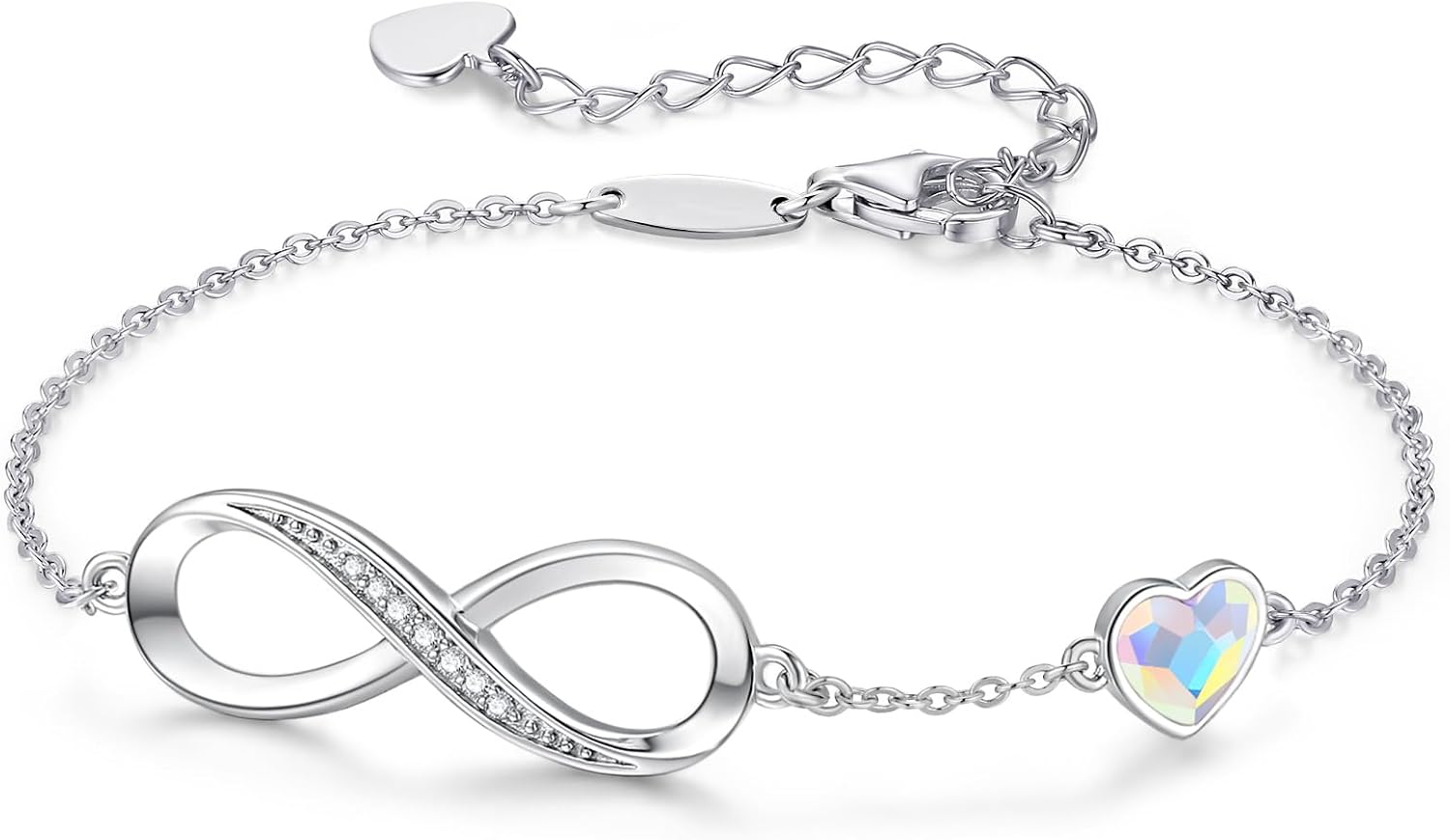 Women's Infinity Bracelet, 925 Sterling Silver/Rose Gold, Heart Bracelet, Crystals, Adjustable, Valentine's Day, Mother's Day, Birthday, Christmas Gift for Her, for Girlfriend, Mum