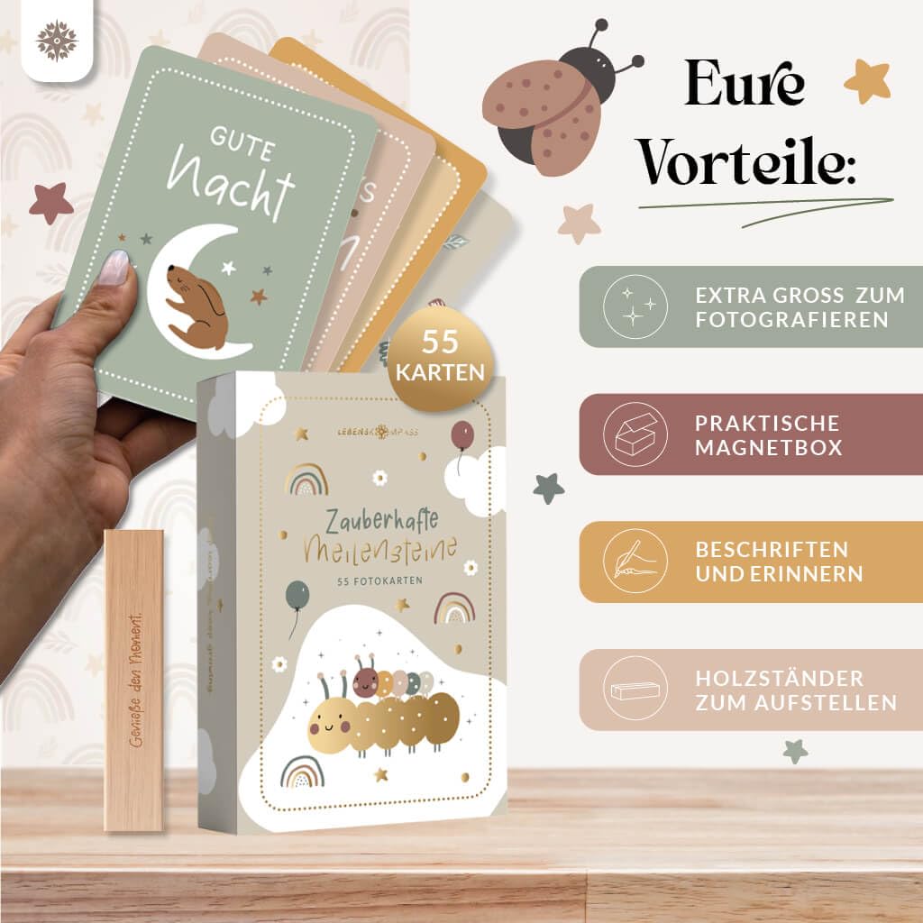 Lebenskompass Milestone Cards Baby - 55 Magical Monthly Cards as a Baby Shower Gift with Beautiful Gift Packaging - Includes Wooden Card Stand – Bild 3