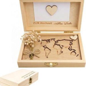 Wooden Money Gift World Map Wedding Gift Money, 15 x 10 x 4 cm Wooden Money Gifts Wedding Including Wooden Card with World Map Pattern Wedding Card & Dried Flowers for Weddings Anniversaries