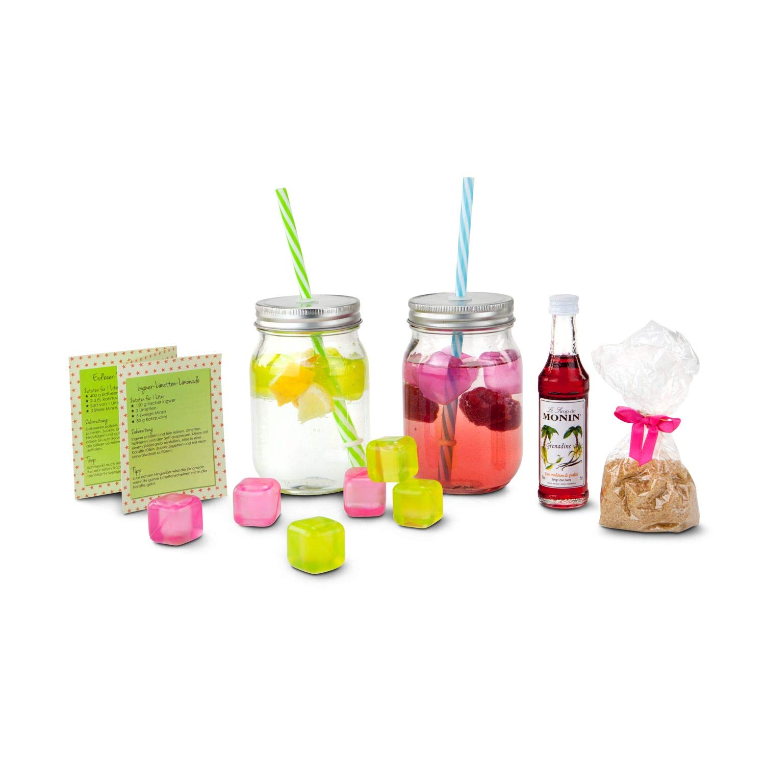 Römer Präsente Fresh Lemonade Gift Set 16 Pieces 2 Lemonade Jars with 2 Lids and 2 Reusable Straws 6 Reusable Ice Cubes, Cane Sugar, Monin Syrup + Recipe Card in Gift Box – Bild 2