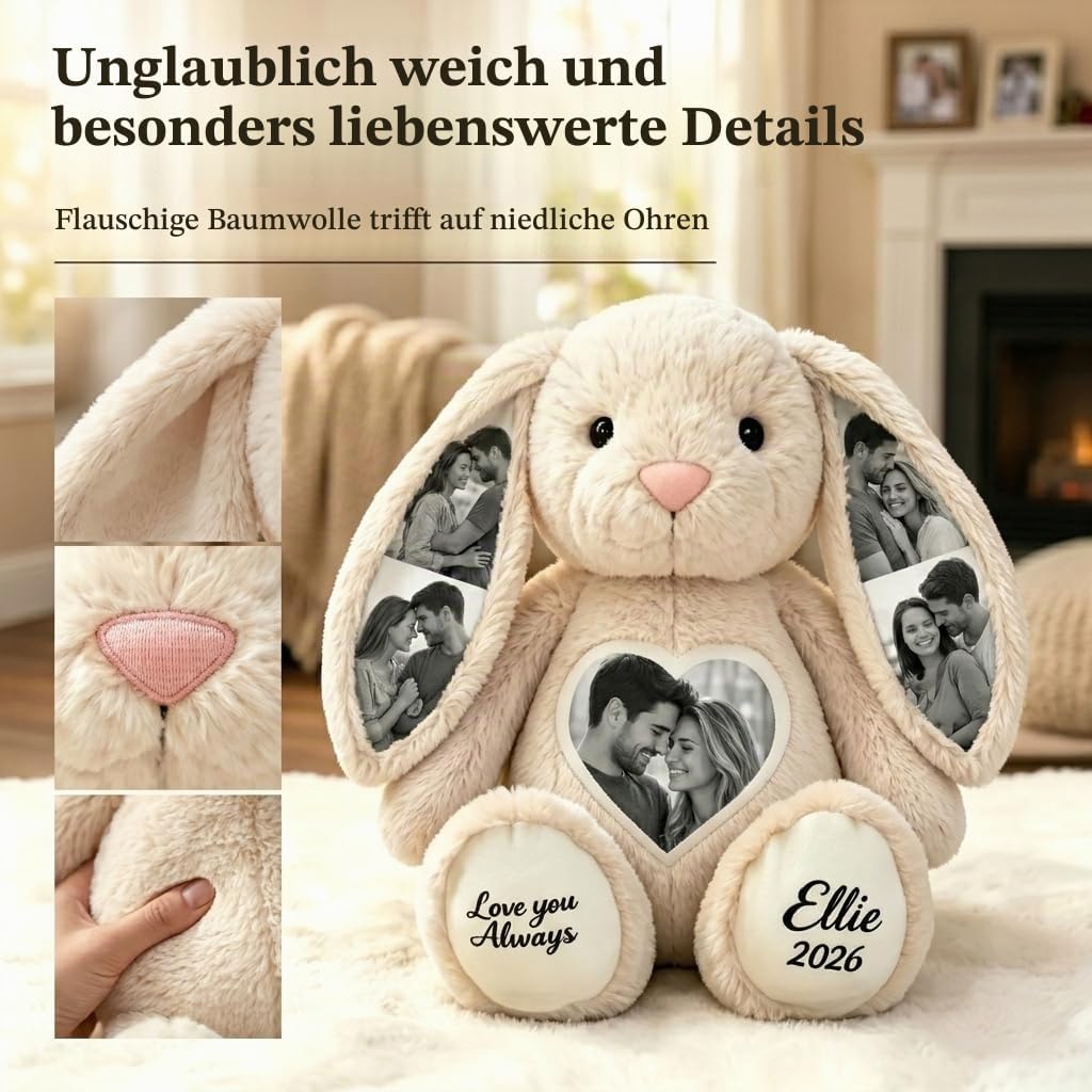 Personalised Fabric Rabbit with 5 Photos, Cuddly Toy Rabbit with Hidden Pictures in the Ears, Photo Cuddly Toy Made of Soft Plush, Warm Gift for Couples, Family, Friends, 26 cm / 40 cm – Bild 4