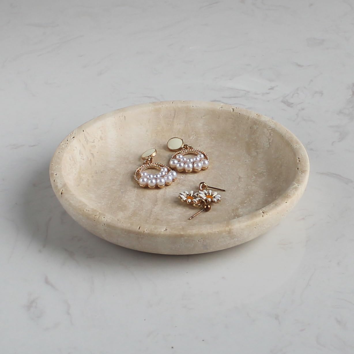 Natural Marble Travertine Jewellery Dish 14cm Jewellery Dish for Rings Earrings Gift for Wife Daughter (Beige Travertine)