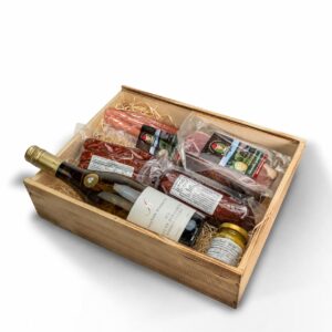 Black Forest Butcher Shop Gift Basket „Wooden Box“ with Sausage and Ham Delicatessen – Gift Basket with Black Forest Ham, Fig Mustard and White Wine as a Gift for Any Occasion