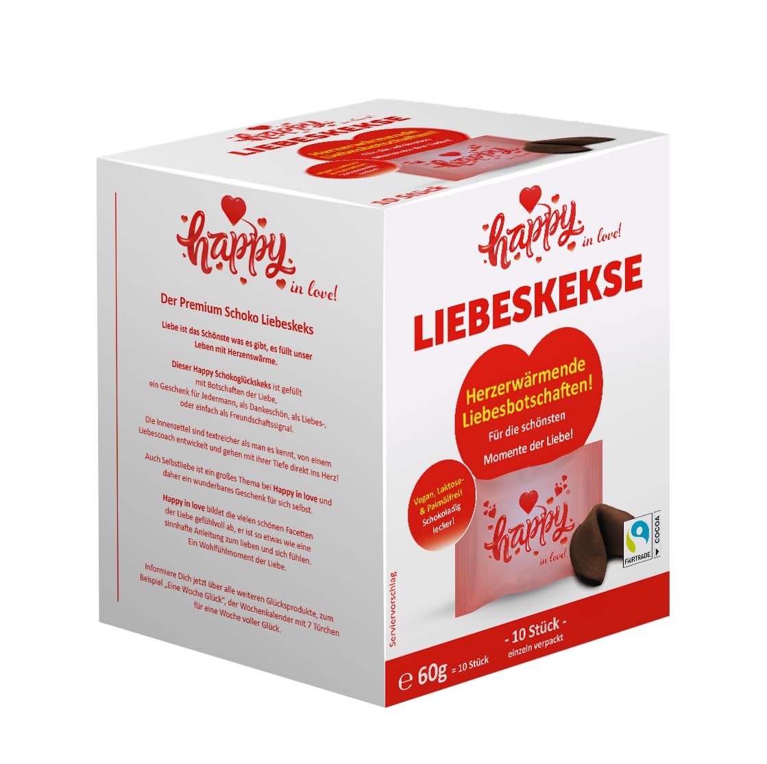 Happy Keks Chocolate Biscuits (Pack of 10) - Vegan, Lactose-free Love Messages Cookies - Perfect Romantic Gift for Couples & Partners - Valentine's Day Gift - Made in Germany