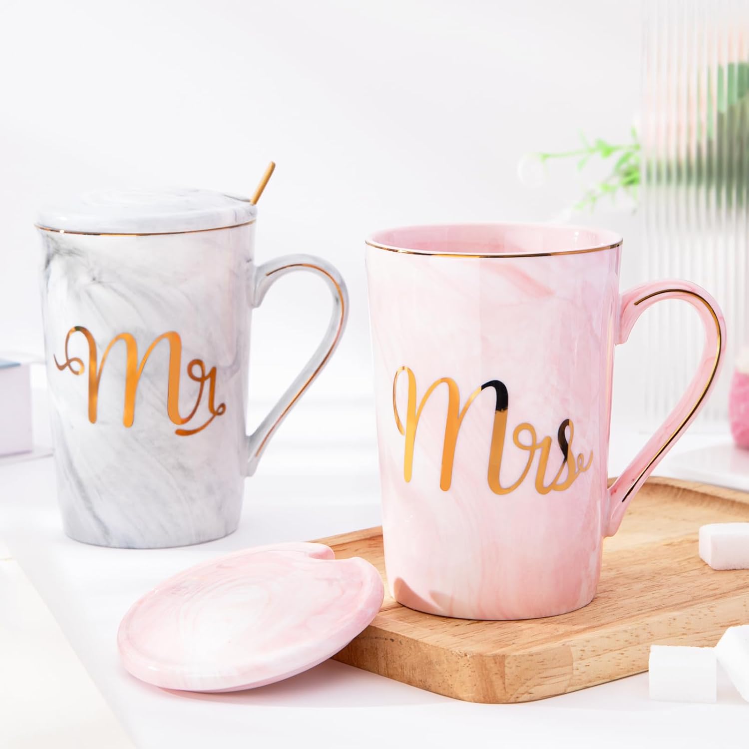 Wedding Gifts for Newlyweds, Mr and Mrs Gift for Bride and Groom, Gift Wedding, Anniversary Gift, Coffee Cups Set Ceramic Marble 14 oz for Wedding, Engagements – Bild 2