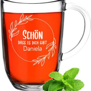 polar-effekt Leonardo Tea Glass 380 ml with Engraving Personalised - Glass Mug for Coffee and Tea - Handle Thermal Glass - Heat Resistant - Birthday Christmas - Gift Idea for Children