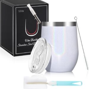 Joymaking Stainless Steel Wine Cup, Stemless Wine Cup with Lid, Double-Walled Unbreakable Travel Mug for Milk, Coffee, Wine, Beer, Champagne, Cocktails, White Rainbow