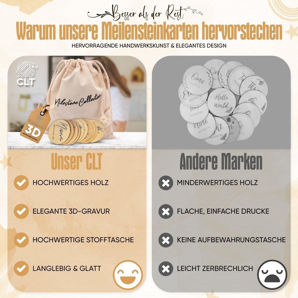 Wooden Milestone Cards Baby German – 14 Milestones on Elegant Wooden Discs with 3D Effect as a Gift in Fabric Bag Packed for Birth/Baby Shower for Pregnant Women, Expectant Mothers – Bild 5