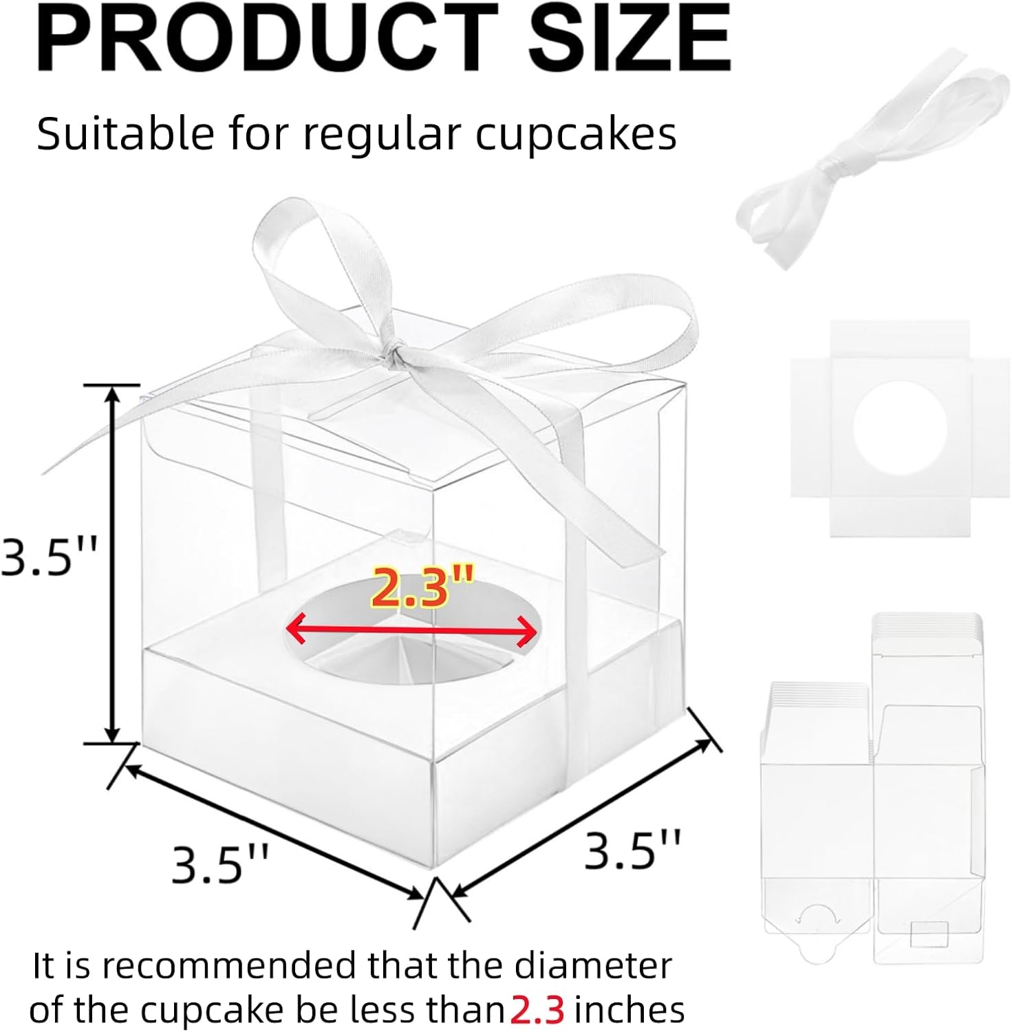 Cididu Transparente Cupcake-Box für einzelne Cupcakes, 8,9 cm, Kunststoff, Mini-Cupcake-Aufbewahrungshalter mit Bändern, Ornament, Süßigkeiten, Geschenk-Box für Party, Hochzeit, Babyparty, 50 Stück – Bild 2