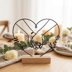 Wedding Gift Personalised Acrylic Glass Decoration with Name - Hands Motif - 15 x 20 cm - Laser Cut - Black or White - Wooden Base - Gift for Wedding, Anniversary & Valentine's Day (Type 4) AC