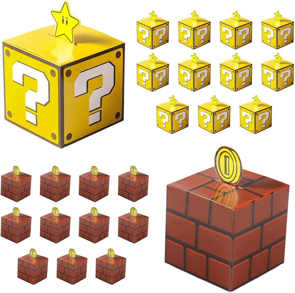 Mario Gift Box Birthday Children, Pack of 24 Game Treat Box, Party Boxes Gift Box for Wedding, Party, Children's Birthday, Christmas Eve, Halloween (12 Yellow + 12 Brown)