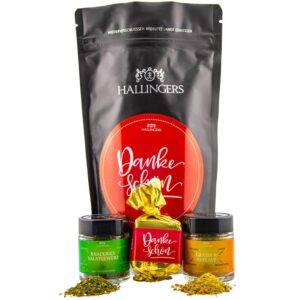 Hallingers Genuss Manufaktur Delicatessen Thank You Gift Set – Value in a Wonder Bag „Thank You“ Small Thank You Nougat Busserl, Salad Spice & Gratin Spice, Gift Idea for Women Men