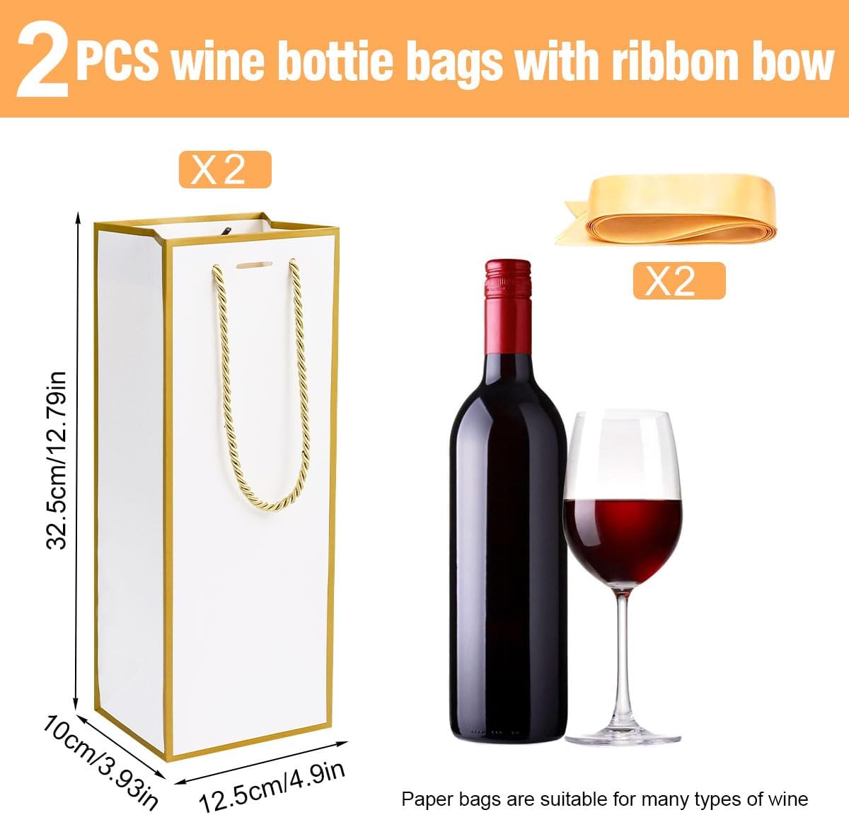 Ssyuysto Set of 2 Gift Bags Bottles White with Gold Edge Golden Silk Bow Bottles Bags for Wine Champagne Reusable Wedding Gift Packaging – Bild 2