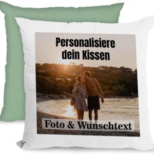 Personalised Cushion 40 x 40 cm with Photo & Cushion Filling – Individual Photo Cushion with Picture – Personalised Gift for Women, Men & Girlfriend – Decorative Cushion & Cuddly Cushion, White/Green