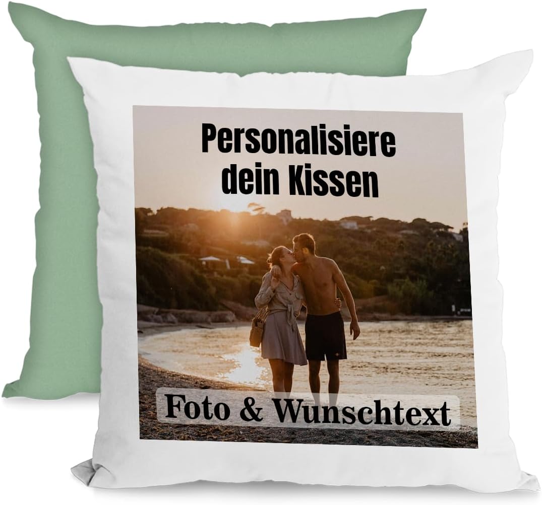 Personalised Cushion 40 x 40 cm with Photo & Cushion Filling - Individual Photo Cushion with Picture - Personalised Gift for Women, Men & Girlfriend - Decorative Cushion & Cuddly Cushion, White/Green
