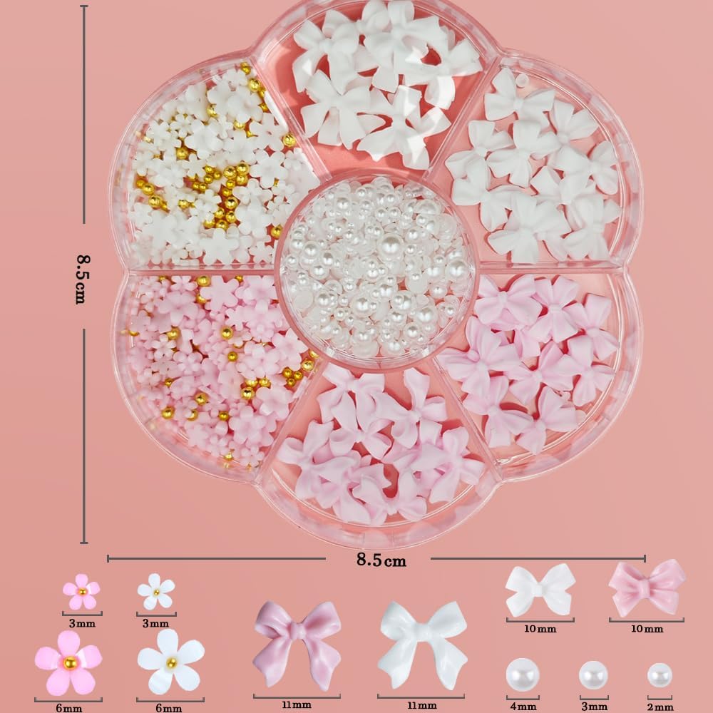 Nail Charms, Flower Nail Charms, 3D Pink Bow Nail Art Decoration, 3D Acrylic Flowers Nail Gems with White Half Pearls for Women Acrylic Nail – Bild 6
