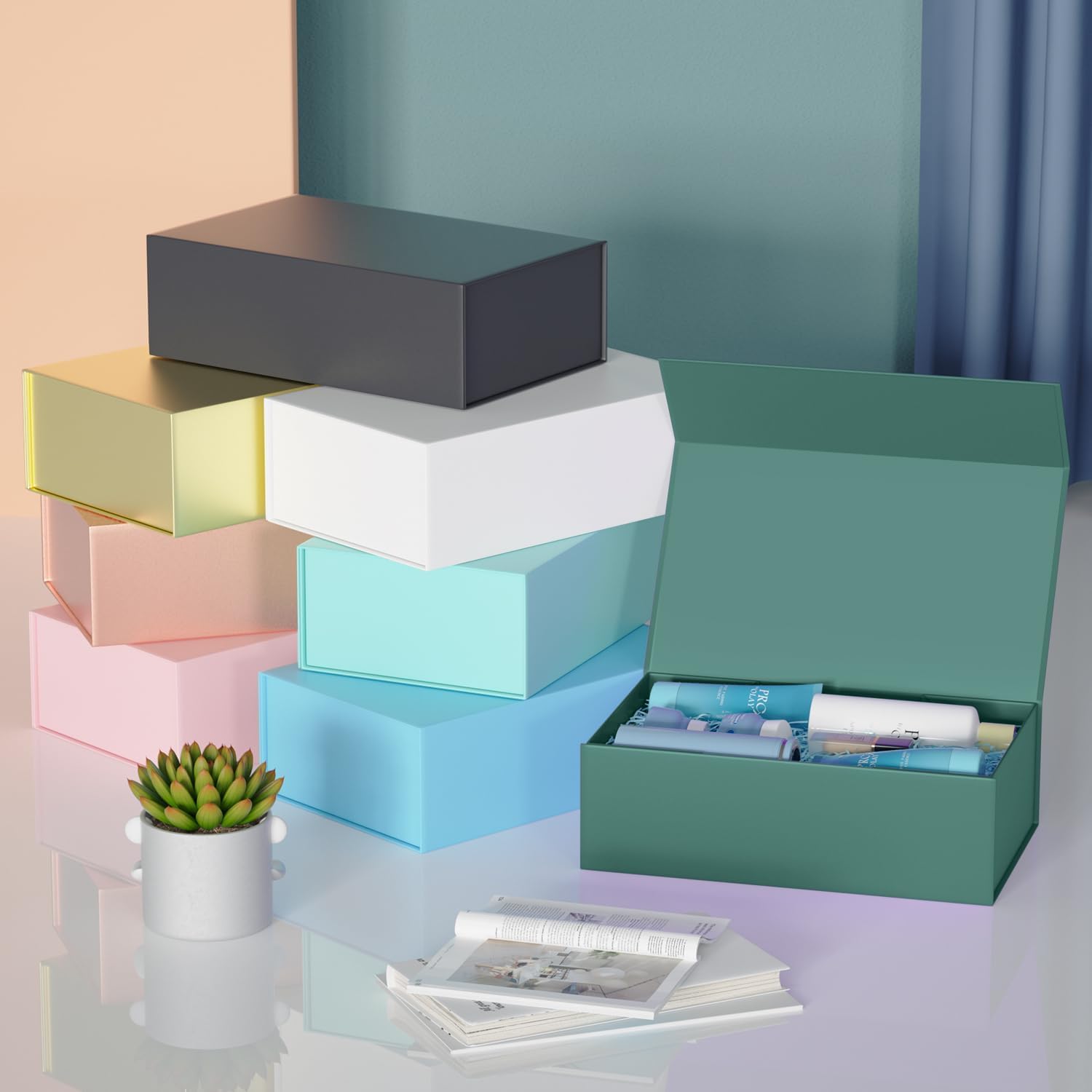 Pack of 2 Gift Boxes, 24 x 15 x 7.6 cm Gift Boxes for Presents with Lids Magnetic Closure Rectangle Collapsible for Groomsman Proposal Box, Christmas, Halloween, Birthday Gift Packing (Green) – Bild 8