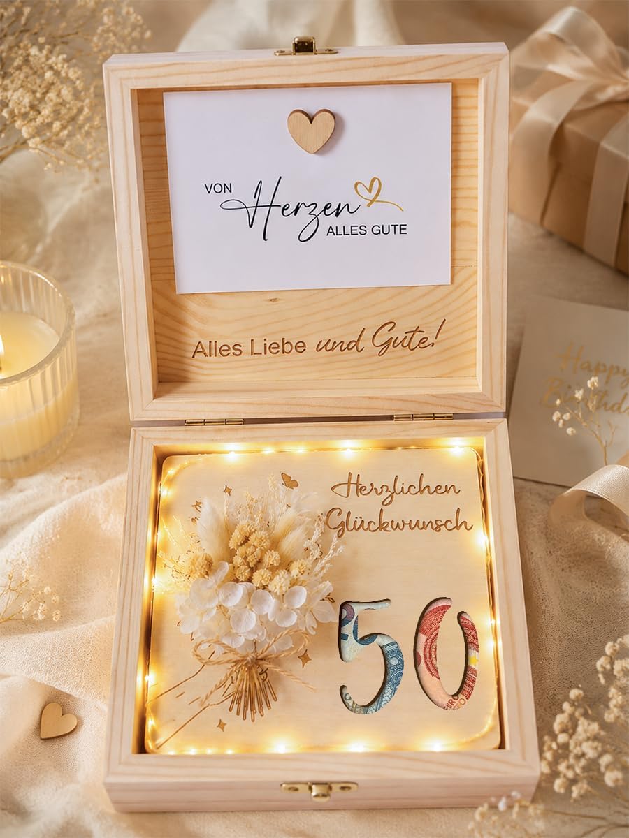 50th Birthday Wooden Money Gift with LED Fairy Lights, Gift Box for Money & Vouchers, Wooden Box with Dried Flowers and Card, 50th Birthday Gift for Women Men (50 Years) – Bild 5