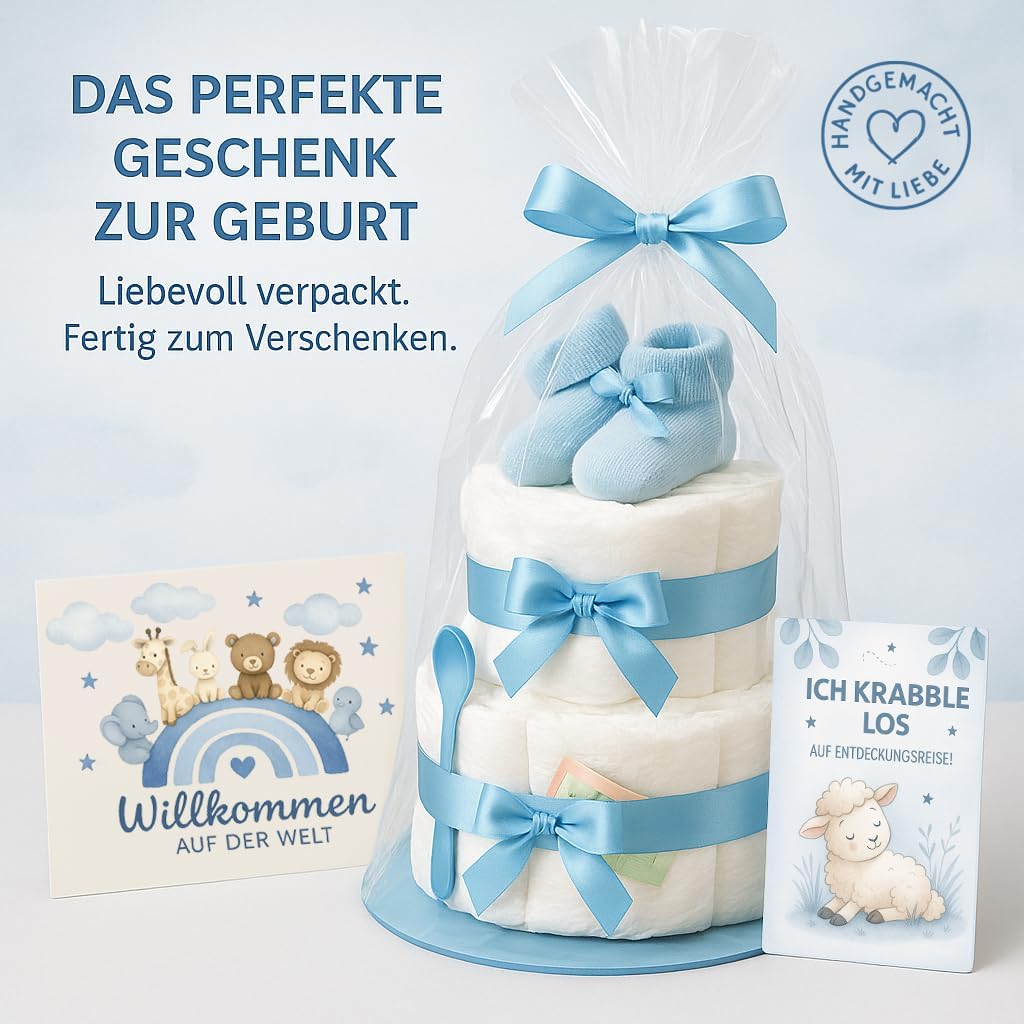 Nappy Cake Boy 2 Tier Blue with Baby Socks Gift for Birth – Bild 6