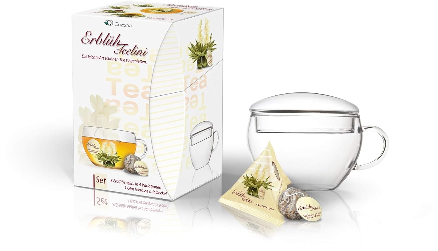 Creano ErblühTeelini Tea Flowers Gift Set with Tea Glass and 8 Tea Flowers in Cup Format, White Tea – Bild 7