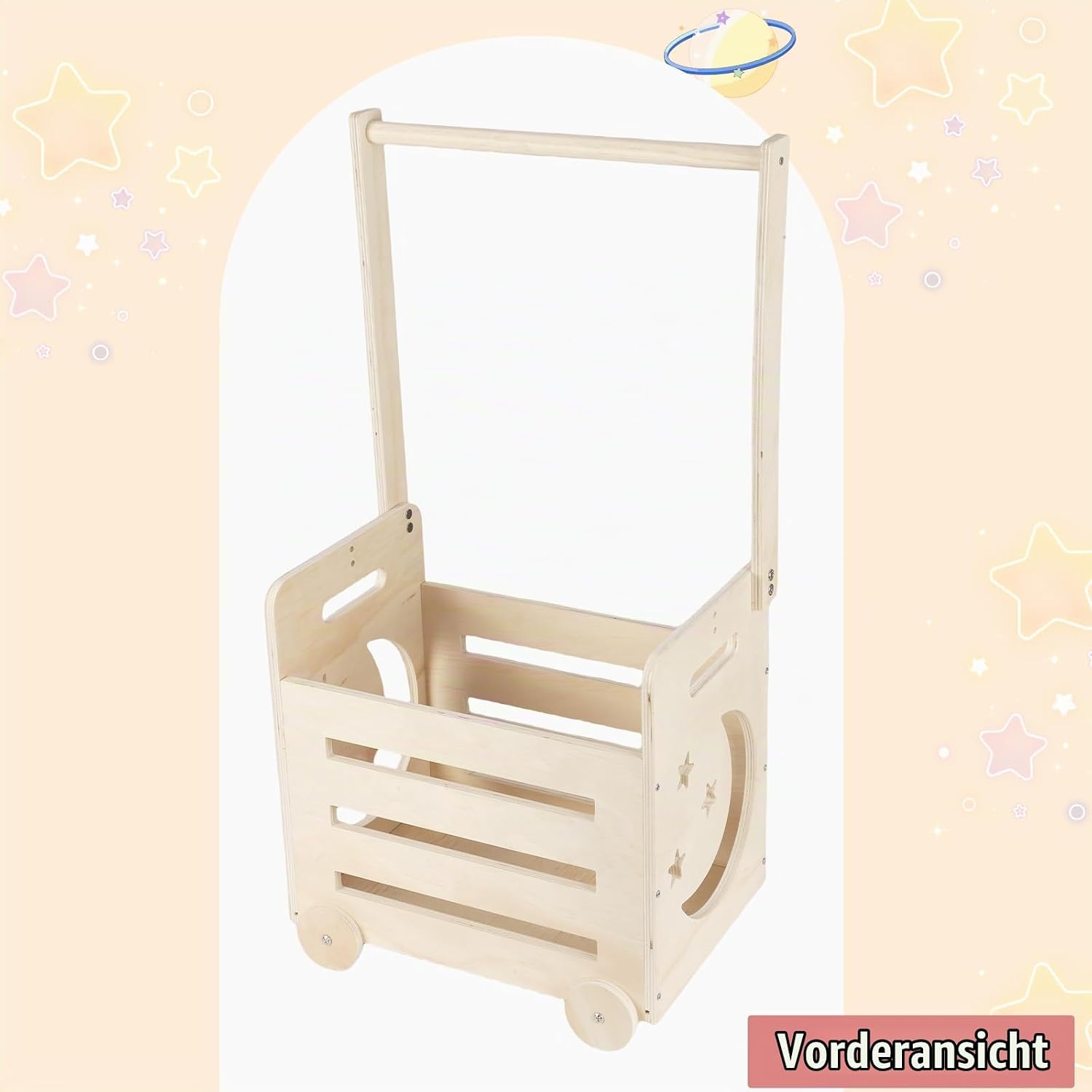 Wooden Gift Basket with Wheels and High Handle, Personalised Basket for Pregnant New Parents. Gift Basket-Moon Car-DE – Bild 6