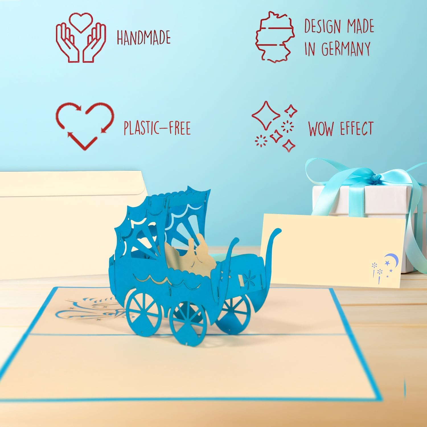 Pop-up Card for Pregnancy & Birth - 3D Greeting Card with Light Blue Baby Pram for Boys - Surprise Folding Card with 3D Effect N89 – Bild 3