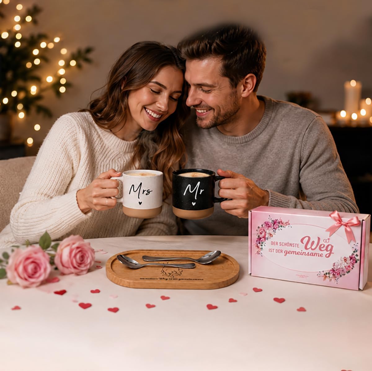 LOZACHE Gifts for Couples Mr & Mrs Mugs Set with Wooden Tray & Spoons – Bild 4