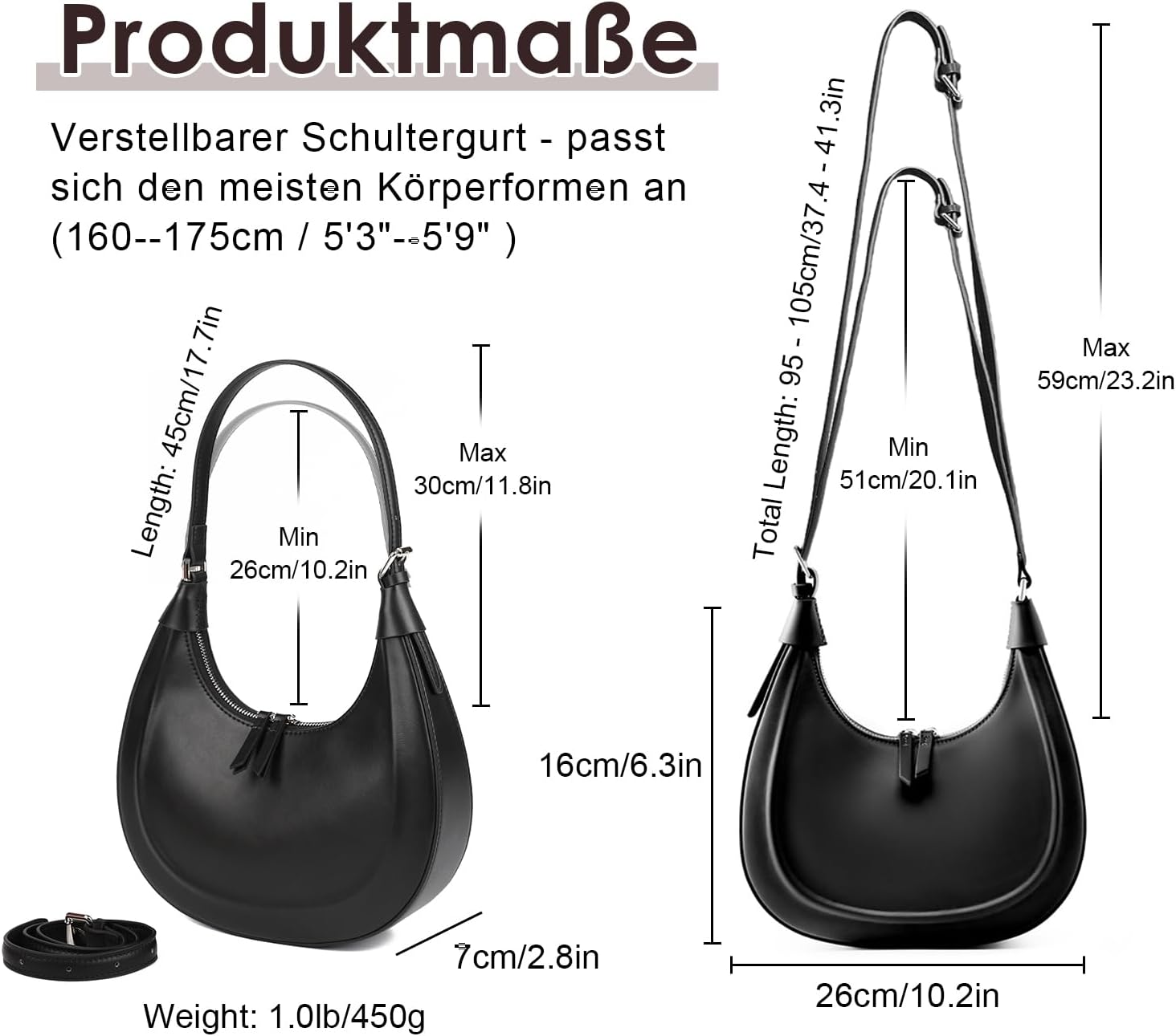 Handtasche Damen Klein Echtes Leder, Halbmond Tasche Schultertasche mit Verstellbarem Gurt zum Crossbody Bag Umhängetasche, Handbags for Women mit Reißverschluss – Bild 4