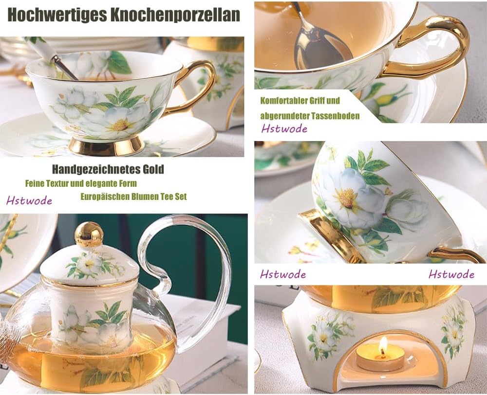 15 Piece European Flower Tea Set, Pattern Bone China Tea Set, Service Coffee Set, Heated Glass Teapot, for Gift and Household, Wedding (Camellia Blossom Pattern) – Bild 4