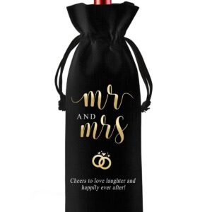 Wedding Gift for Bride and Groom, Mr & Mrs Wine Bag, Black, Gift Bag Wedding for Wine Bottle or Sparkling Wine, Elegant Bottle Bag with Drawstring, Wine Gift Packaging 15 x 35 cm