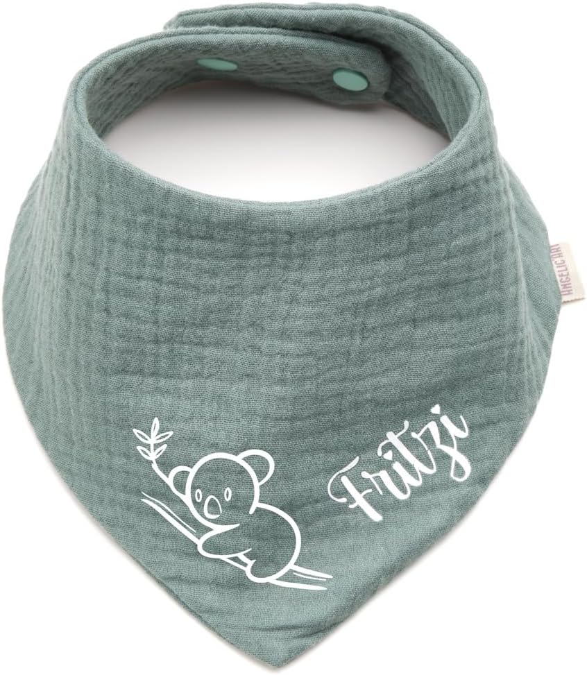 Personalised Triangular Scarf Made of Cotton/Muslin, Koala with Name, Neckerchief for Boys, Girls, Many Colours