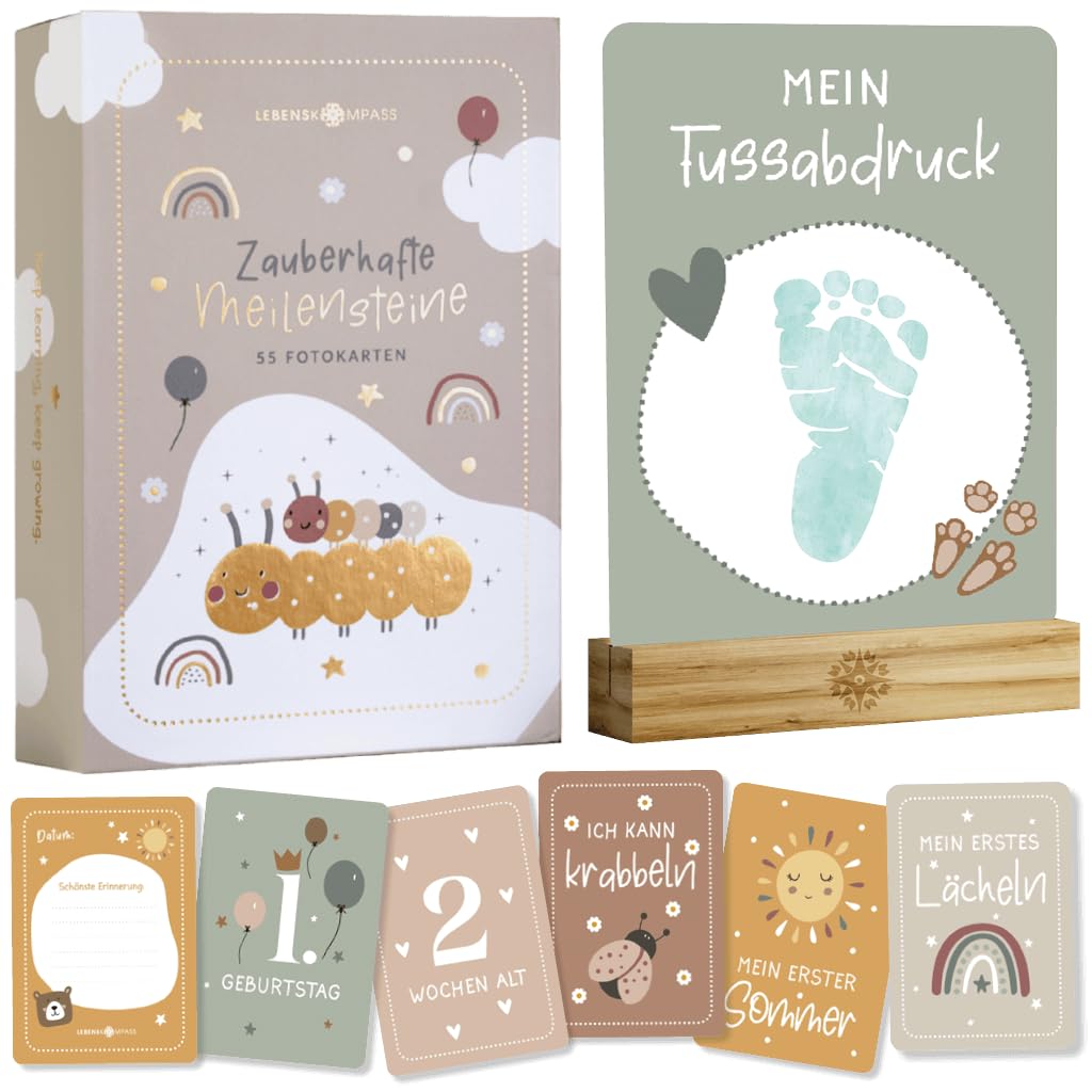 Lebenskompass Milestone Cards Baby - 55 Magical Monthly Cards as a Baby Shower Gift with Beautiful Gift Packaging - Includes Wooden Card Stand