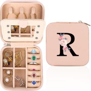 Jewellery Box Travel, Jewellery Travel Case for Women, Personalised Jewellery Box from A to Z, Small Jewellery Organisers with Mirror, Gift for Women's Birthday, Gift for Mother's Day (R)