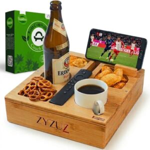 Couch Bar Snack Box Sofa Tray with Gift Box – Compact Couch Bar Snack Bar Butler Made of High-Quality Bamboo Wood – 360° Mobile Phone Holder – Men’s Gifts – Beer Gifts for Men