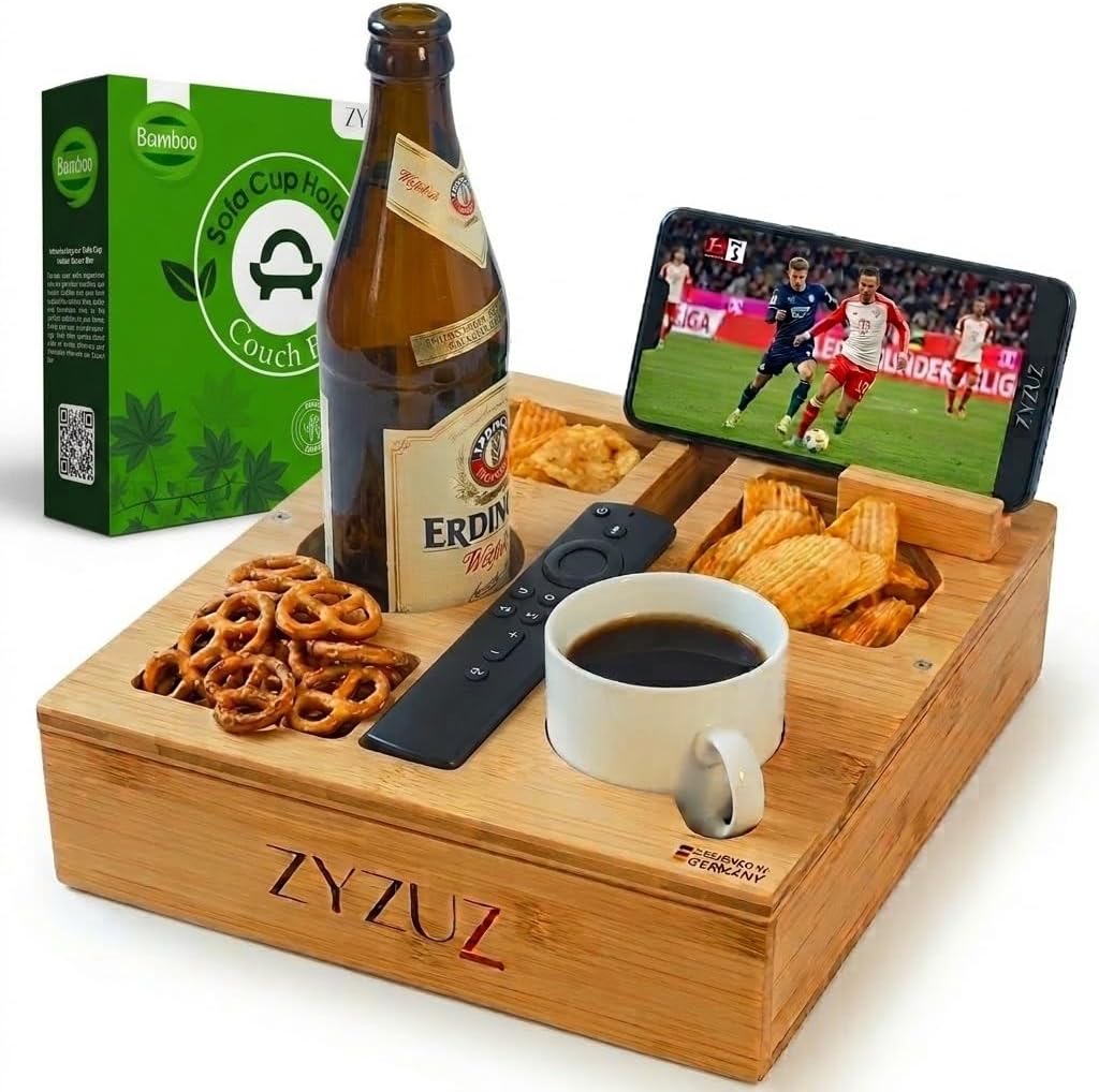Couch Bar Snack Box Sofa Tray with Gift Box - Compact Couch Bar Snack Bar Butler Made of High-Quality Bamboo Wood - 360° Mobile Phone Holder - Men's Gifts - Beer Gifts for Men