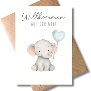 WBdesignz Birth Card Welcome to the World with Envelope – with Cute Elephant & Heart Balloon – Cute Greeting Card for New Parents – Unisex Baby Card for Birth (DIN A6)