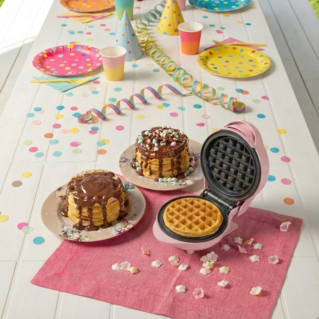 Bestron Mini Waffle Iron for Classic Waffles, Small Waffle Maker with Non-Stick Coating, for Children's Birthdays, Family Parties, Easter or Christmas, Retro Design, 550 Watt, Colour: Pink – Bild 3
