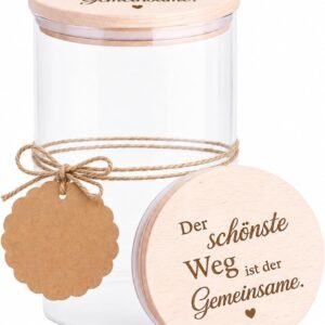 Gift Wedding Couple, Romantic Storage Jar with Wooden Lid 850 ml, Wedding Gift Engraving, Decorative Glass with Lid as Money Gift Wedding, Anniversary, Gifts for Engagement, Wedding Gift