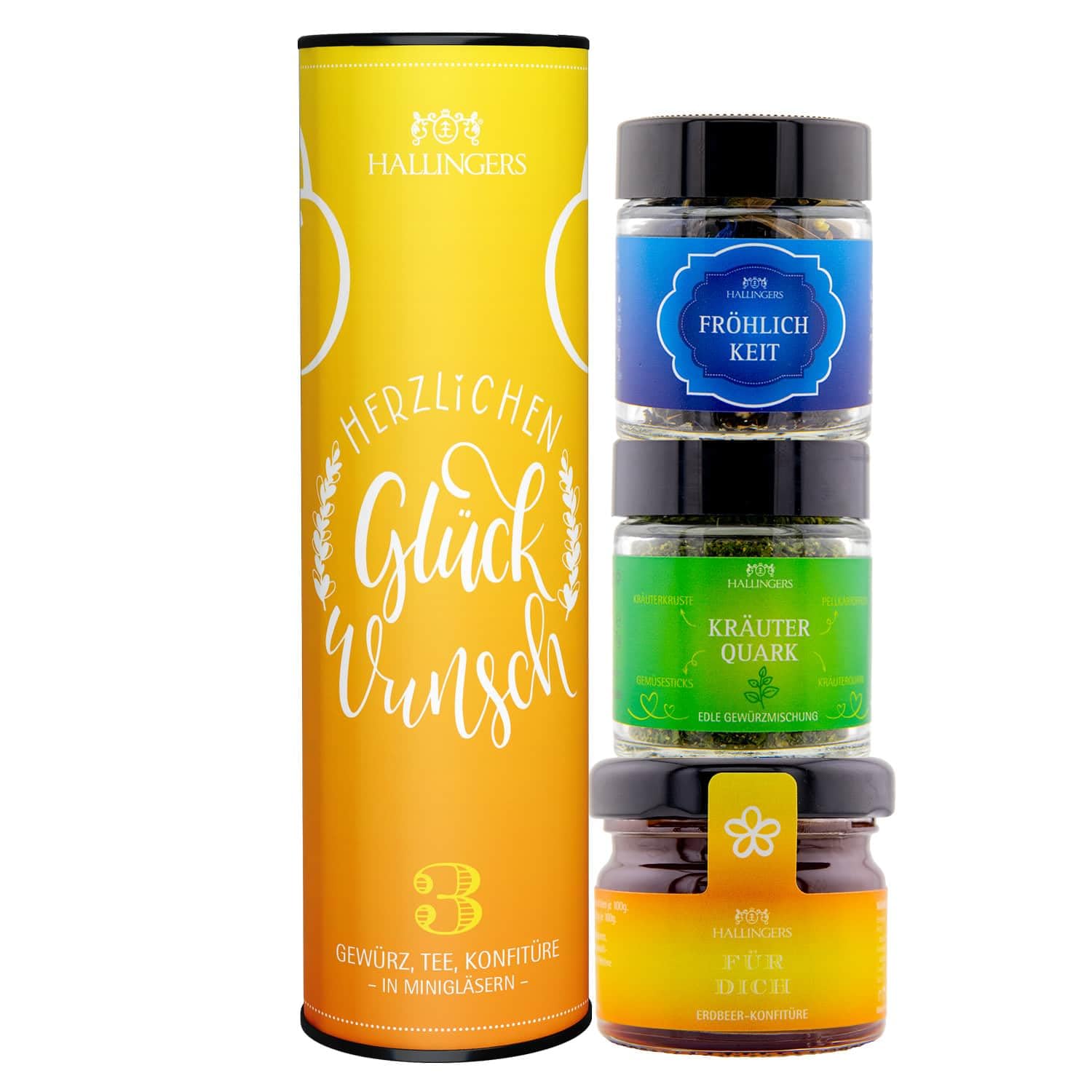 Hallingers Herzlichen Glückwunsch - 3-Piece Gift Set with Tea, Jam and Spice - Delicatessen Enjoyment Set as Gift Idea, Gourmet Gift Vegan (Set) - Gift Ideas Christmas & Gifts AD